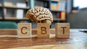 three wooden blocks spelling out CBT